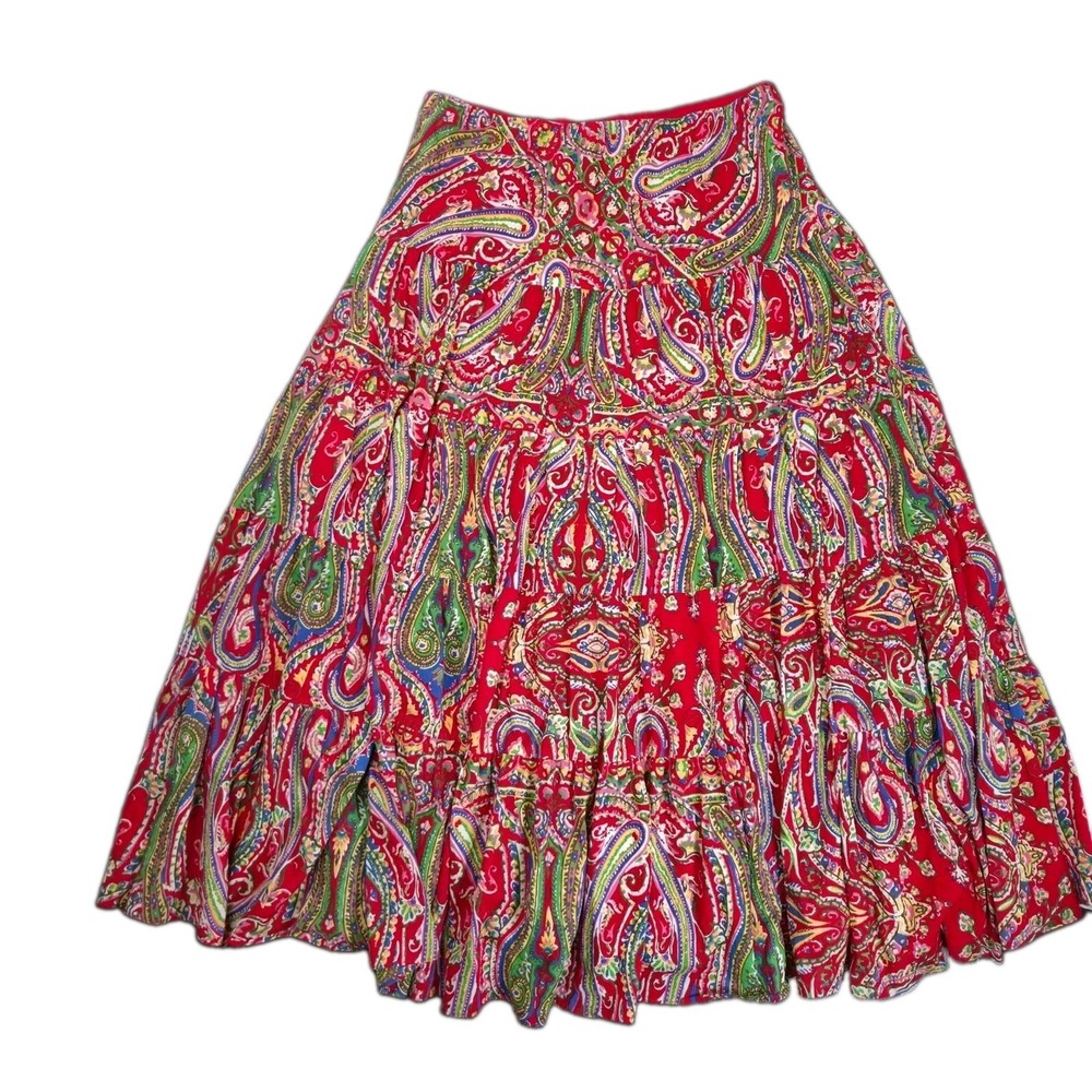 Vintage Lauren Ralph Lauren Red Paisley Tiered Peasant Full Maxi Skirt Medium